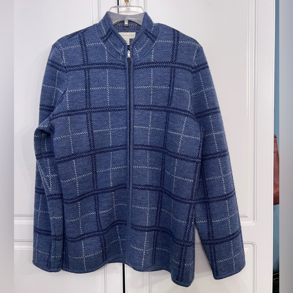 Appleseed's Blue Women's Blue Checkered 100% Wool Zip Blazer, Size M